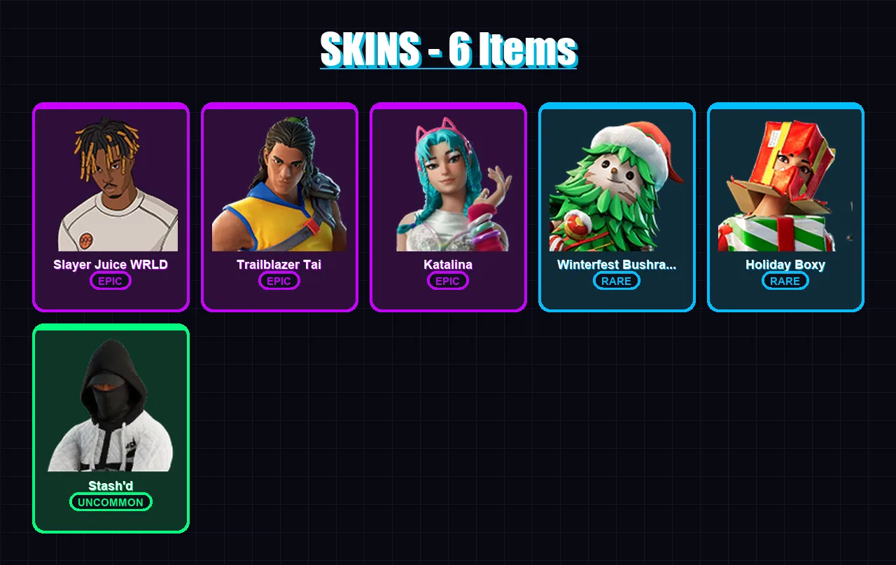 [PC/XBOX/PSN] | Slayer Juice WRLD | Trailblazer Tai | Katalina | Winterfest Bushranger | Holiday Boxy | 6 skin | 5 pickaxe | 5 emote | 4 glider | Lv