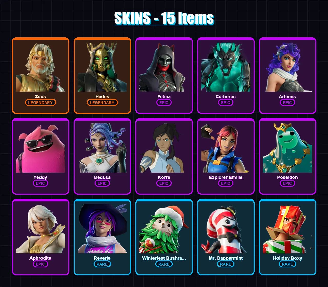 [PC] | Zeus | Hades | Felina | Cerberus | Artemis | 15 skin | 48 pickaxe | 29 emote | 35 glider | Lv402