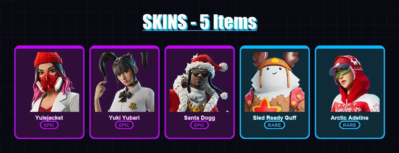 [PC/PSN] | Yulejacket | Yuki Yubari | Santa Dogg | Sled Ready Guff | Arctic Adeline | 5 skin | 23 pickaxe | 19 emote | 16 glider | Lv299