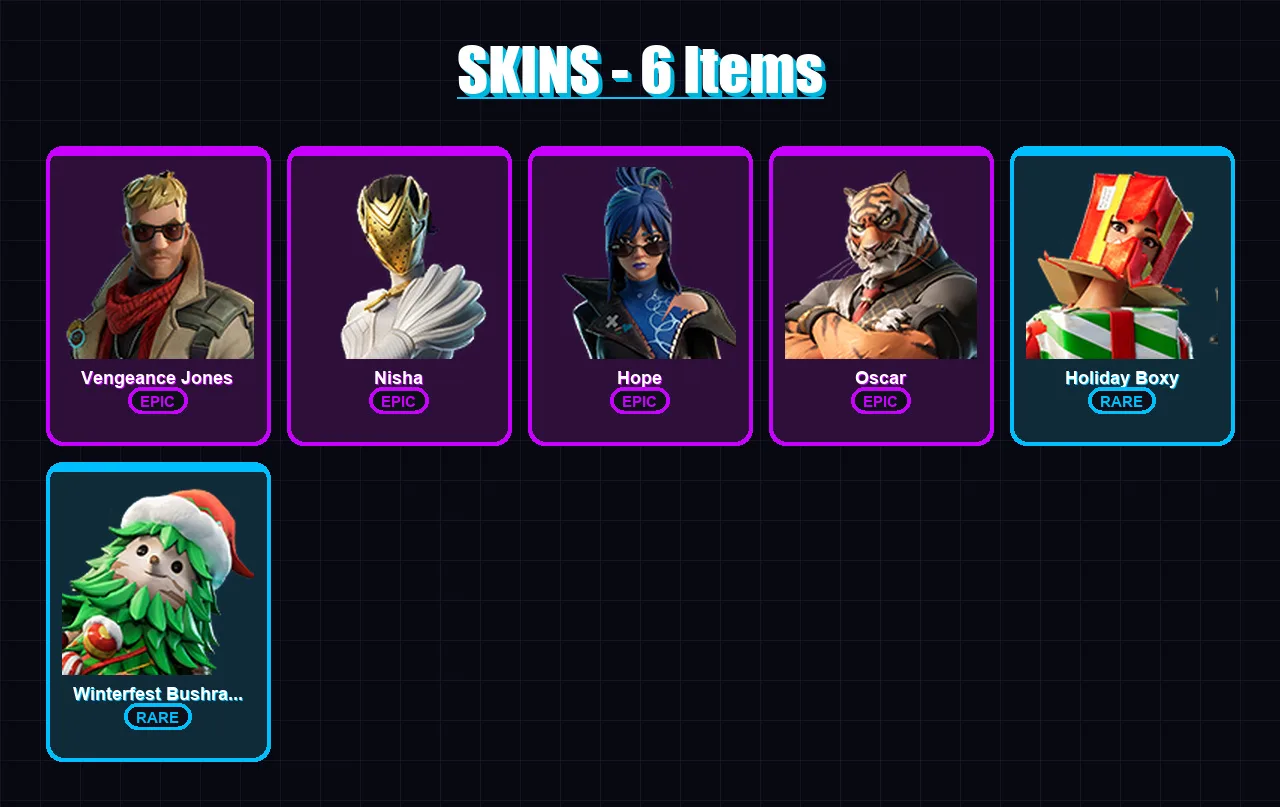 [PC/XBOX/PSN] | Vengeance Jones | Nisha | Hope | Oscar | Holiday Boxy | 6 skin | 8 pickaxe | 5 emote | 8 glider | Lv80