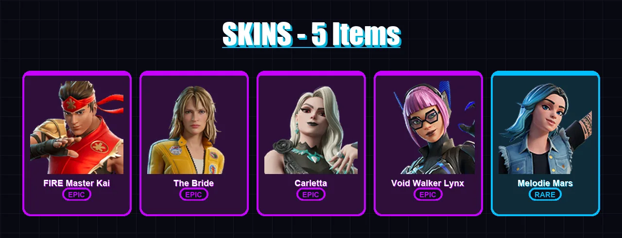[PC/PSN] | FIRE Master Kai | The Bride | Carletta | Void Walker Lynx | Melodie Mars | 5 skin | 7 pickaxe | 5 emote | 4 glider | Lv12