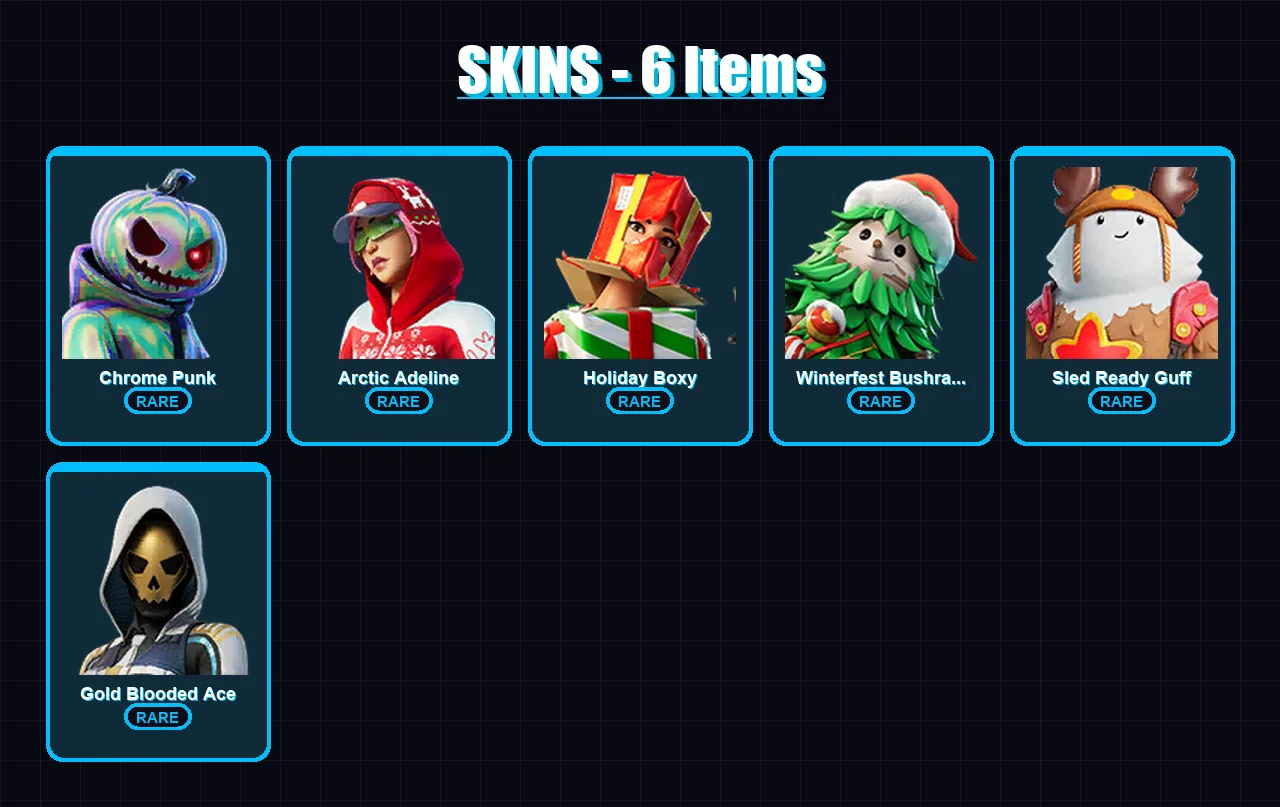 [PC/PSN] | Chrome Punk | Arctic Adeline | Holiday Boxy | Winterfest Bushranger | Sled Ready Guff | 6 skin | 29 pickaxe | 26 emote | 37 glider | Lv79