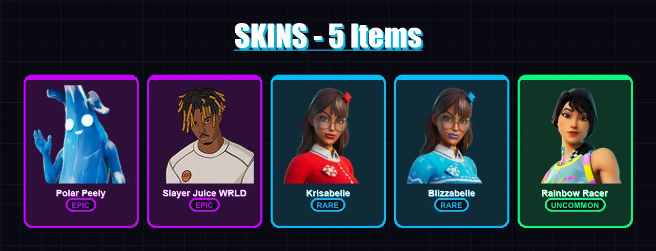 [PC/PSN] | Polar Peely | Slayer Juice WRLD | Krisabelle | Blizzabelle | Rainbow Racer | 5 skin | 9 pickaxe | 6 emote | 9 glider | Lv123