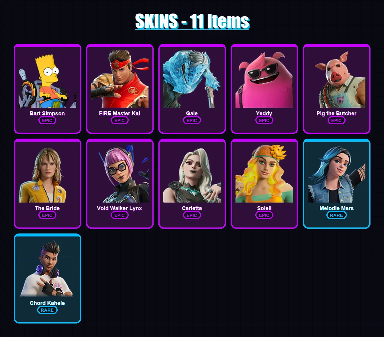 [PC/XBOX/PSN] | Bart Simpson | FIRE Master Kai | Gale | Yeddy | Pig the Butcher | 11 skin | 17 pickaxe | 7 emote | 11 glider | Lv80