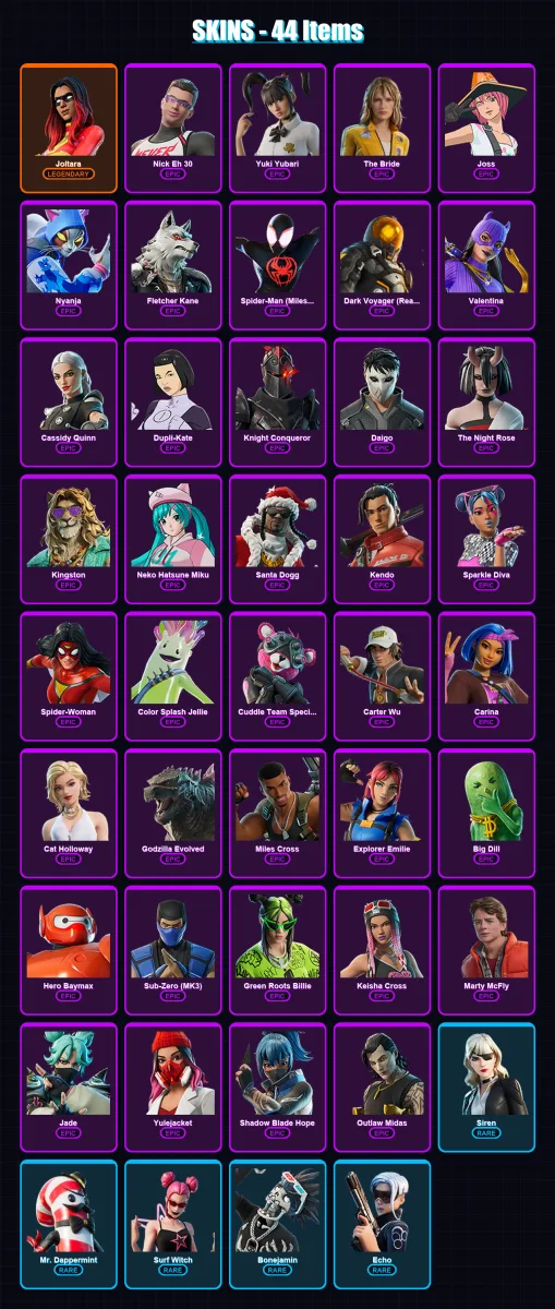 [PC/XBOX] | Joltara | Nick Eh 30 | Yuki Yubari | The Bride | Joss | 44 skin | 59 pickaxe | 50 emote | 43 glider | Lv837