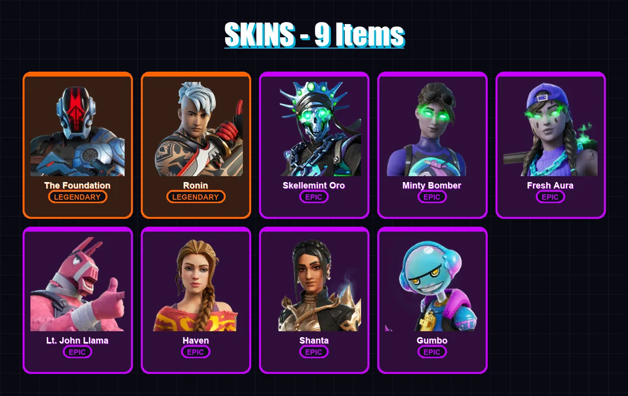 [PC/PSN] | The Foundation | Ronin | Skellemint Oro | Minty Bomber | Fresh Aura | 9 skin | 10 pickaxe | 8 emote | 7 glider | Lv88
