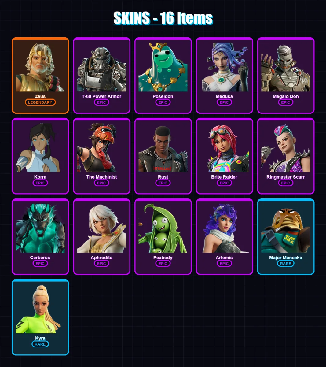 [PC/XBOX/PSN] | Zeus | T-60 Power Armor | Poseidon | Medusa | Megalo Don | 16 skin | 25 pickaxe | 20 emote | 22 glider | Lv322