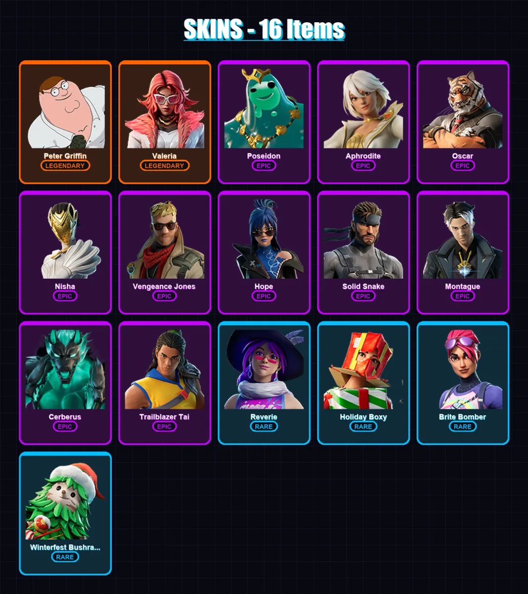 [PS4/PS5/XBOX/PC] | Peter Griffin | Valeria | Poseidon | Aphrodite | Oscar | 16 skin | 14 pickaxe | 10 emote | 16 glider | Lv184 — Fortnite account