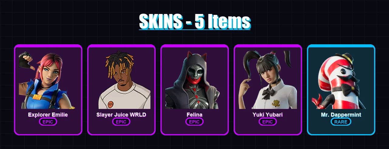 [PC/XBOX/PSN] | Explorer Emilie | Slayer Juice WRLD | Felina | Yuki Yubari | Mr. Dappermint | 5 skin | 27 pickaxe | 9 emote | 23 glider | Lv297