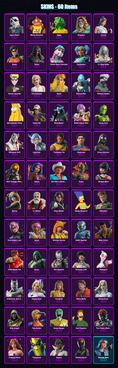 [PC/XBOX] | Agent Patch | Blinky Fishstick | Ziggy | Kingston | Yoo-mi | 60 skin | 87 pickaxe | 60 emote | 55 glider | Lv520