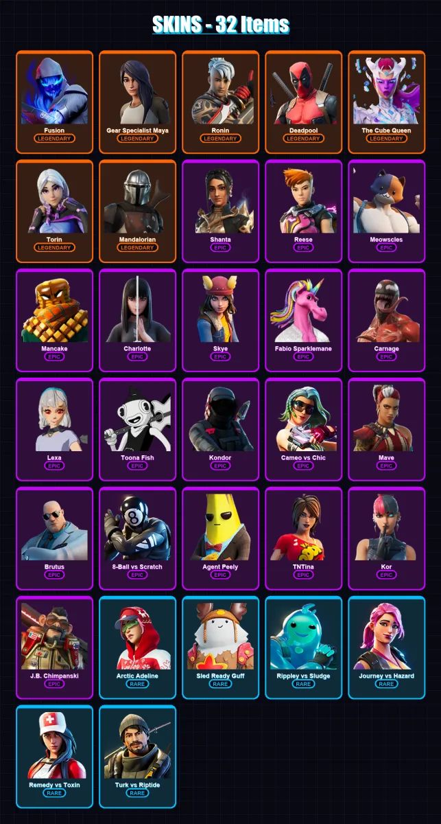 [PC/XBOX/PSN] | Fusion | Gear Specialist Maya | Ronin | Deadpool | The Cube Queen | 32 skin | 41 pickaxe | 46 emote | 42 glider | Lv558