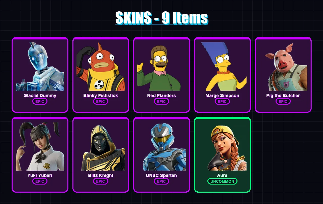 [PC/XBOX/PSN] | Glacial Dummy | Blinky Fishstick | Ned Flanders | Marge Simpson | Pig the Butcher | 9 skin | 63 pickaxe | 24 emote | 35 glider | Lv6