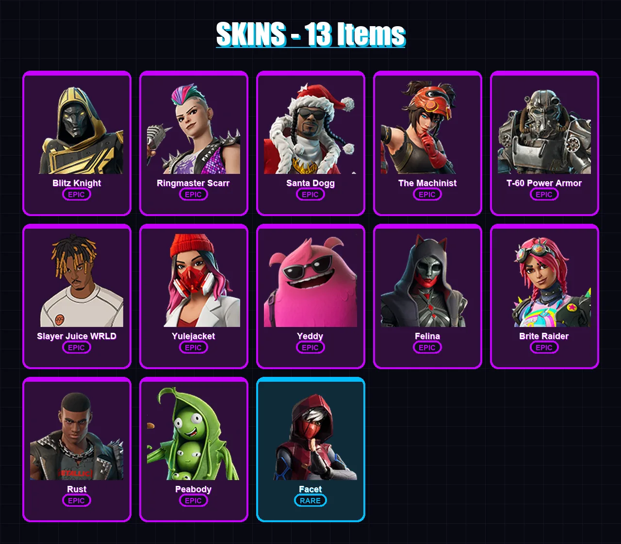 [PC/PSN] | Blitz Knight | Ringmaster Scarr | Santa Dogg | The Machinist | T-60 Power Armor | 13 skin | 63 pickaxe | 29 emote | 43 glider | Lv581