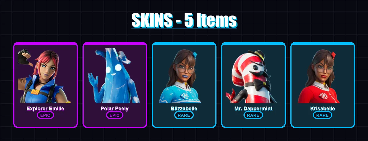 [PC/XBOX/PSN] | Explorer Emilie | Polar Peely | Blizzabelle | Mr. Dappermint | Krisabelle | 5 skin | 7 pickaxe | 10 emote | 8 glider | Lv56