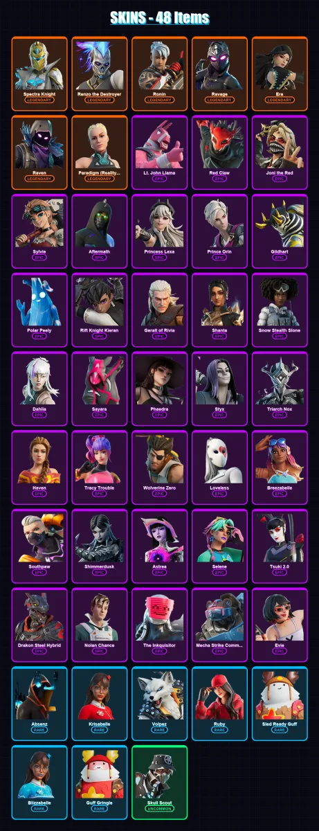 [PC/XBOX/PSN] | Spectra Knight | Renzo the Destroyer | Ronin | Ravage | Era | 48 skin | 43 pickaxe | 16 emote | 13 glider | Lv88