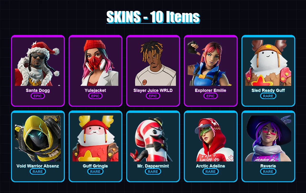 [PC/PSN] | Santa Dogg | Yulejacket | Slayer Juice WRLD | Explorer Emilie | Sled Ready Guff | 10 skin | 16 pickaxe | 8 emote | 15 glider | Lv155