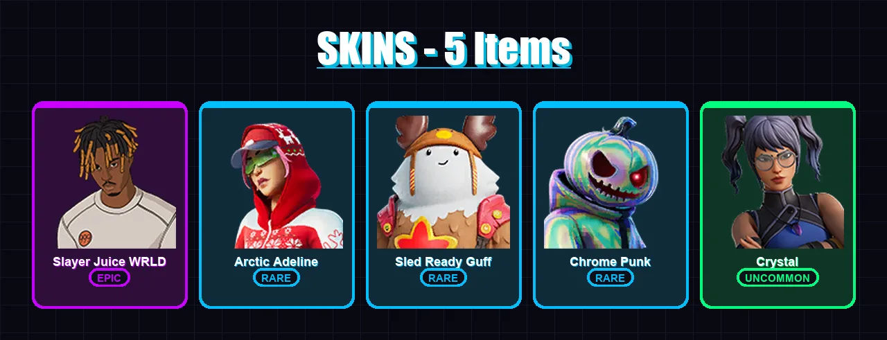 [PC/XBOX/PSN] | Slayer Juice WRLD | Arctic Adeline | Sled Ready Guff | Chrome Punk | Crystal | 5 skin | 10 pickaxe | 5 emote | 14 glider | Lv236