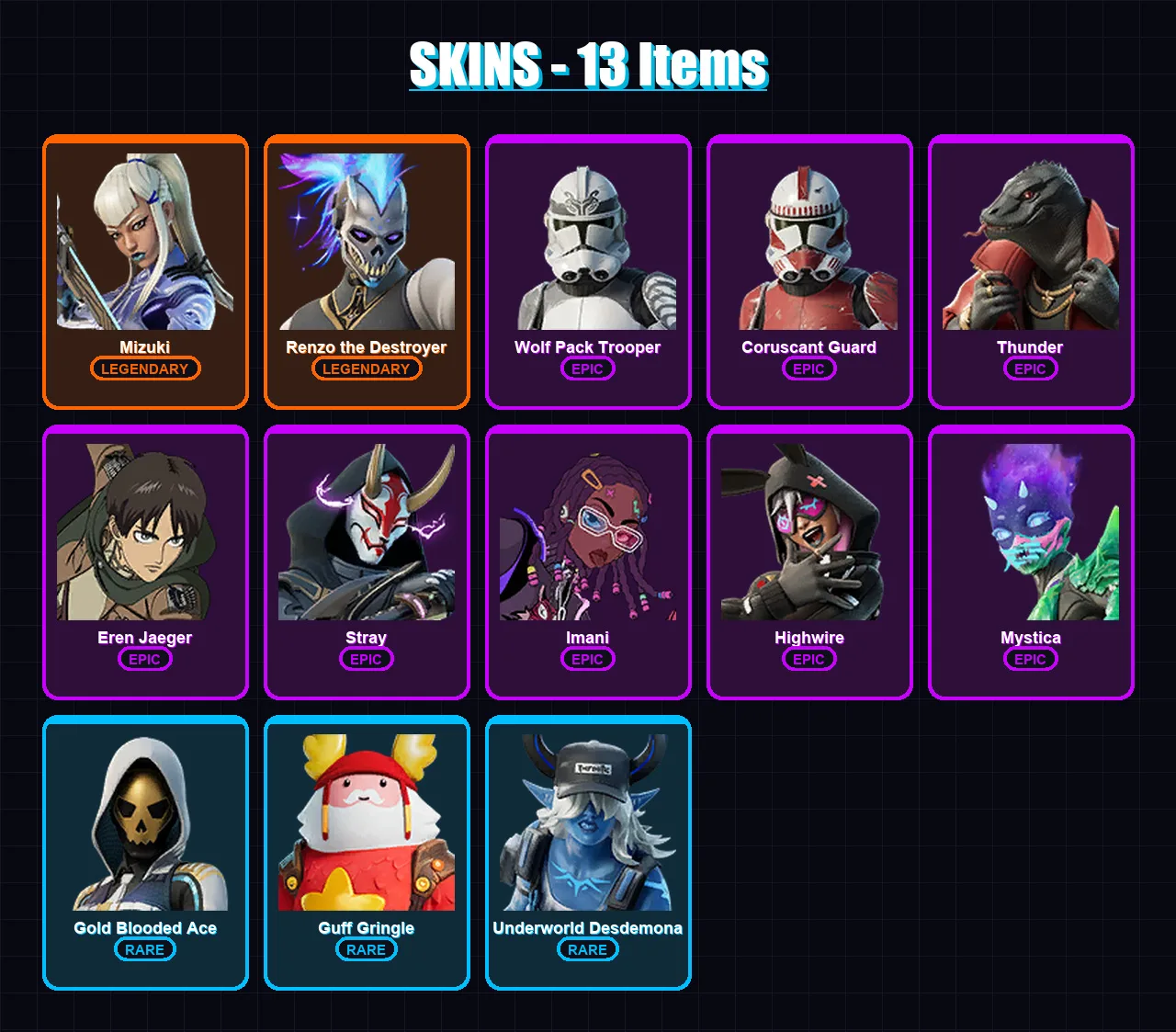 [PC/XBOX/PSN] | Mizuki | Renzo the Destroyer | Wolf Pack Trooper | Coruscant Guard | Thunder | 13 skin | 29 pickaxe | 25 emote | 27 glider | Lv637