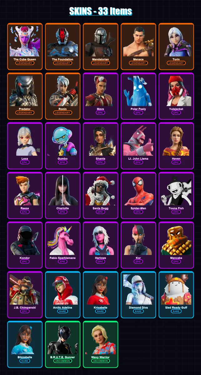[PC/XBOX/PSN] | The Cube Queen | The Foundation | Mandalorian | Menace | Torin | 33 skin | 49 pickaxe | 45 emote | 43 glider | Lv736