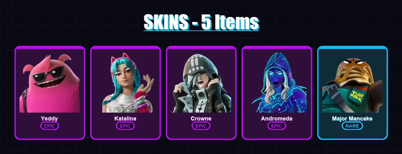 [PC/XBOX/PSN] | Yeddy | Katalina | Crowne | Andromeda | Major Mancake | 5 skin | 36 pickaxe | 18 emote | 29 glider | Lv450