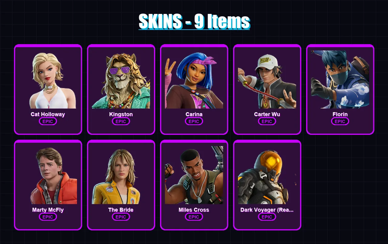 [PS4/PS5/XBOX/PC] | Cat Holloway | Kingston | Carina | Carter Wu | Florin | 9 skin | 20 pickaxe | 14 emote | 13 glider | Lv172