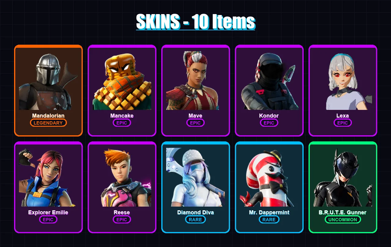 [PS4/PS5/XBOX/PC] | Mandalorian | Mancake | Mave | Kondor | Lexa | 10 skin | 25 pickaxe | 14 emote | 20 glider | Lv382