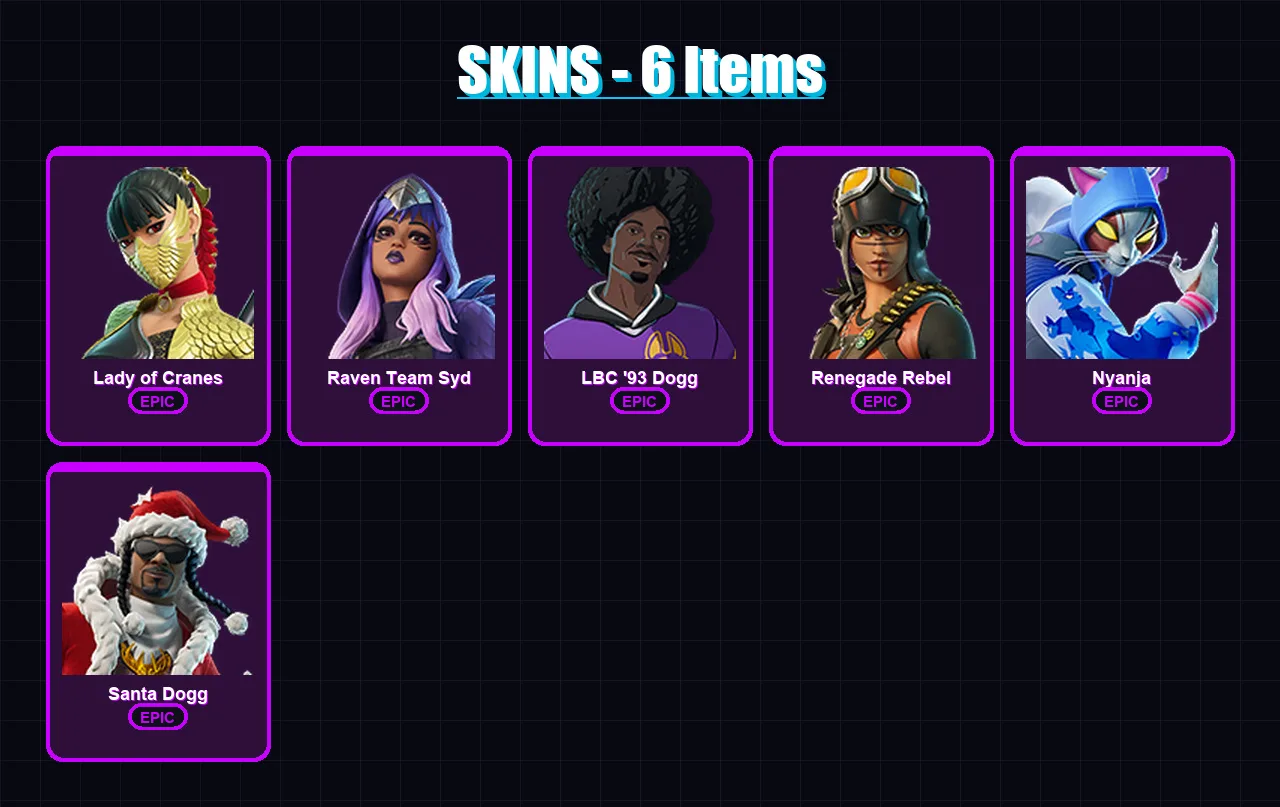 [PC/PSN] | Lady of Cranes | Raven Team Syd | LBC '93 Dogg | Renegade Rebel | Nyanja | 6 skin | 2 pickaxe | 2 emote | 1 glider | Lv6