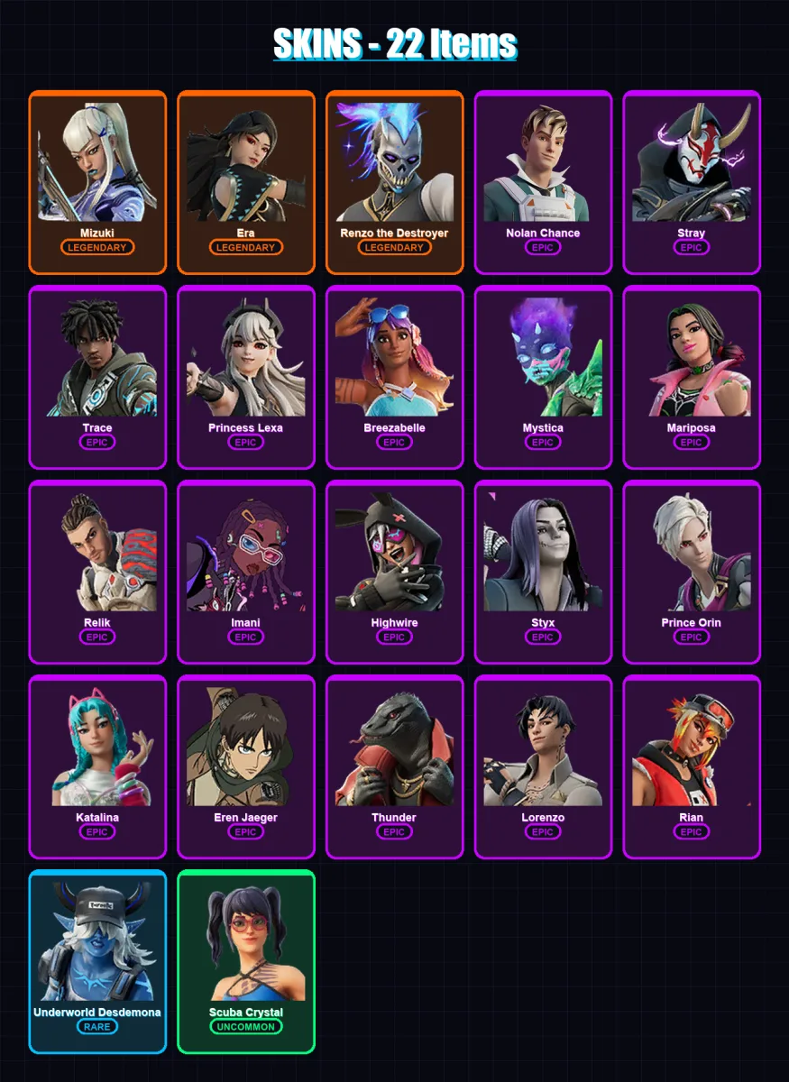 [PC/XBOX/PSN] | Mizuki | Era | Renzo the Destroyer | Nolan Chance | Stray | 22 skin | 25 pickaxe | 20 emote | 22 glider | Lv282