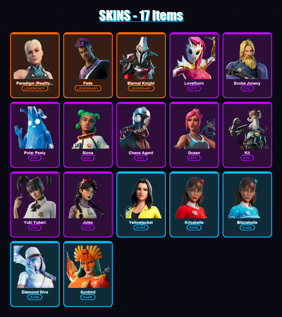 [SWITCH/XBOX/PC] | Paradigm (Reality-659) | Fade | Eternal Knight | Lovethorn | Scuba Jonesy | 17 skin | 39 pickaxe | 29 emote | 29 glider | Lv600