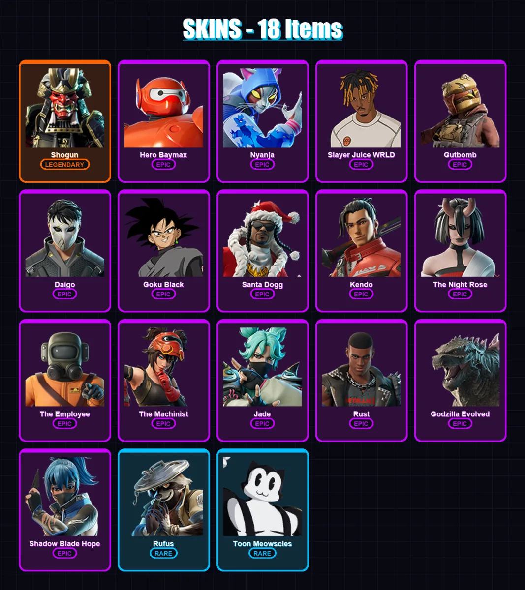 [PC/XBOX/PSN] | Shogun | Hero Baymax | Nyanja | Slayer Juice WRLD | Gutbomb | 18 skin | 35 pickaxe | 24 emote | 22 glider | Lv242 — Fortnite account