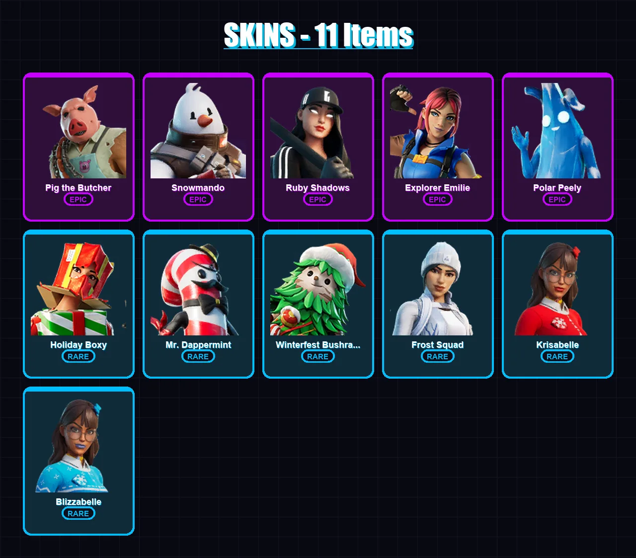 [PC] | Pig the Butcher | Snowmando | Ruby Shadows | Explorer Emilie | Polar Peely | 11 skin | 37 pickaxe | 28 emote | 33 glider | Lv654