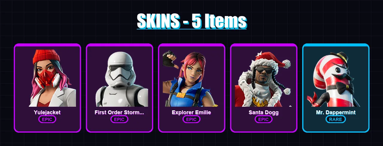 [PC/XBOX] | Yulejacket | First Order Stormtrooper | Explorer Emilie | Santa Dogg | Mr. Dappermint | 5 skin | 21 pickaxe | 8 emote | 12 glider | Lv14
