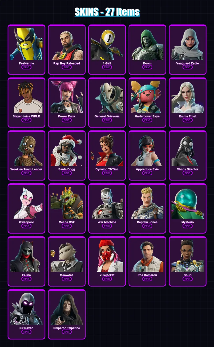 [PC/XBOX/PSN] | Peelverine | Rap Boy Reloaded | 1-Ball | Doom | Vanguard Zadie | 27 skin | 47 pickaxe | 25 emote | 29 glider | Lv625