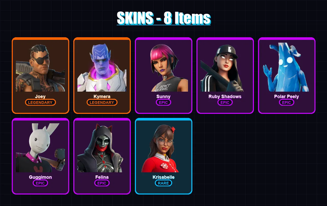 [PC/XBOX/PSN] | Joey | Kymera | Sunny | Ruby Shadows | Polar Peely | 8 skin | 16 pickaxe | 14 emote | 15 glider | Lv181