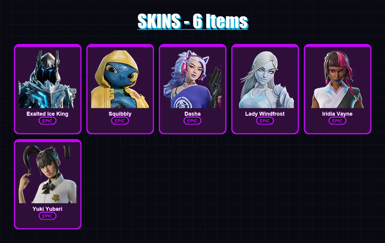 [PC/XBOX/PSN] | Exalted Ice King | Squibbly | Dasha | Lady Windfrost | Iridia Vayne | 6 skin | 31 pickaxe | 16 emote | 19 glider | Lv220