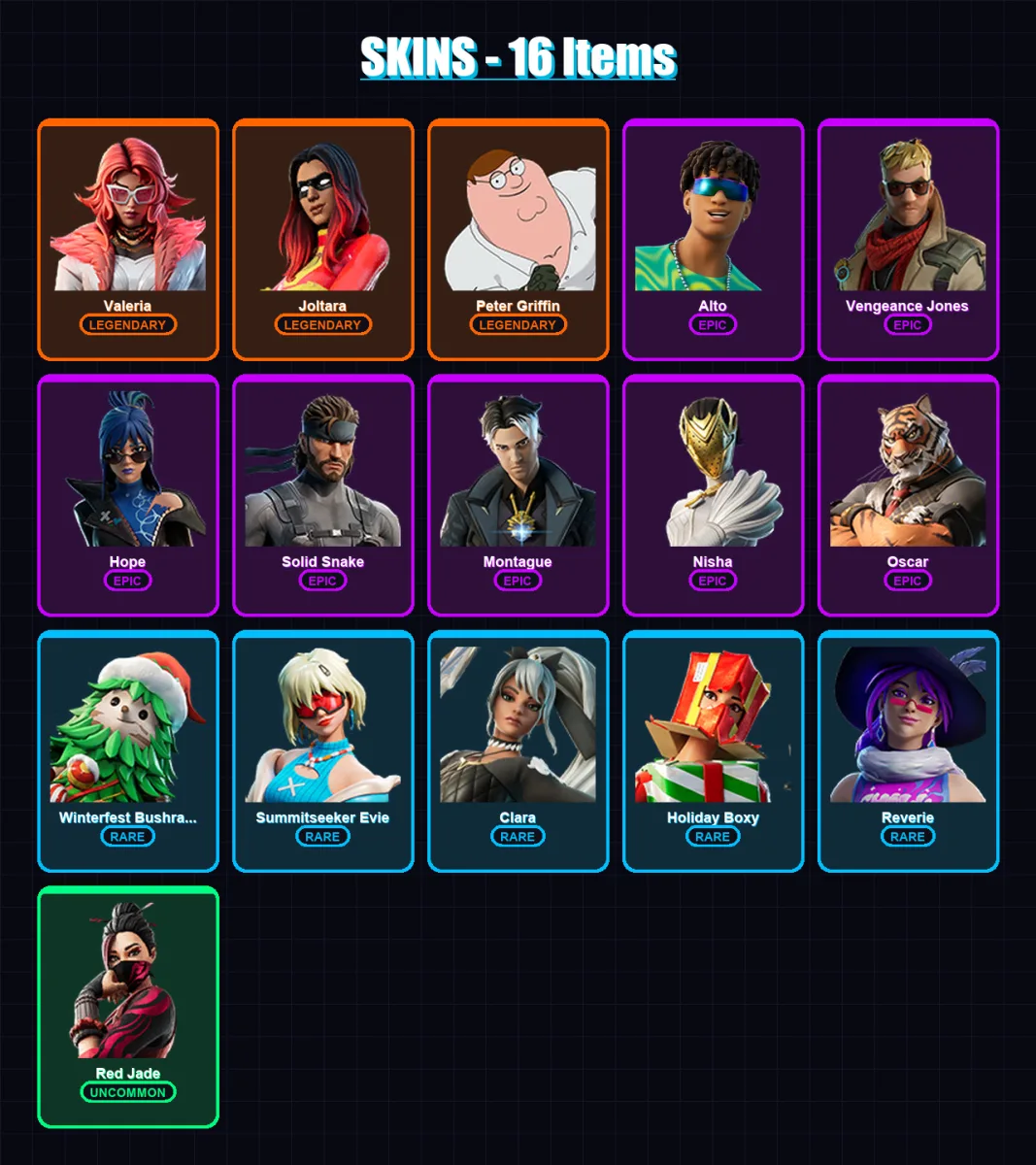 [PC/XBOX/PSN] | Valeria | Joltara | Peter Griffin | Alto | Vengeance Jones | 16 skin | 30 pickaxe | 22 emote | 22 glider | Lv304