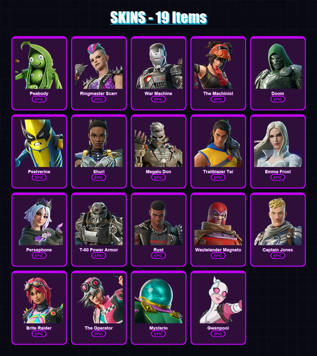 [PC/XBOX/PSN] | Peabody | Ringmaster Scarr | War Machine | The Machinist | Doom | 19 skin | 20 pickaxe | 17 emote | 20 glider | Lv343