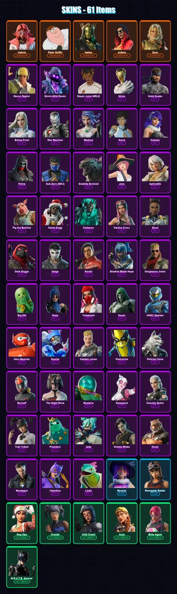 [PC/XBOX/PSN] | Valeria | Peter Griffin | Hades | Joltara | Zeus | 61 skin | 121 pickaxe | 100 emote | 77 glider | Lv2206