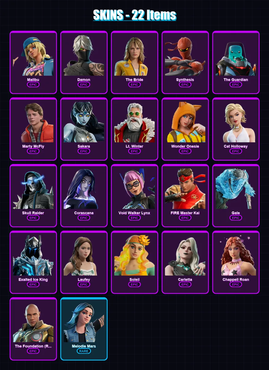 [PC/PSN] | Malibu | Damon | The Bride | Synthesis | The Guardian | 22 skin | 23 pickaxe | 15 emote | 13 glider | Lv77 — Fortnite account