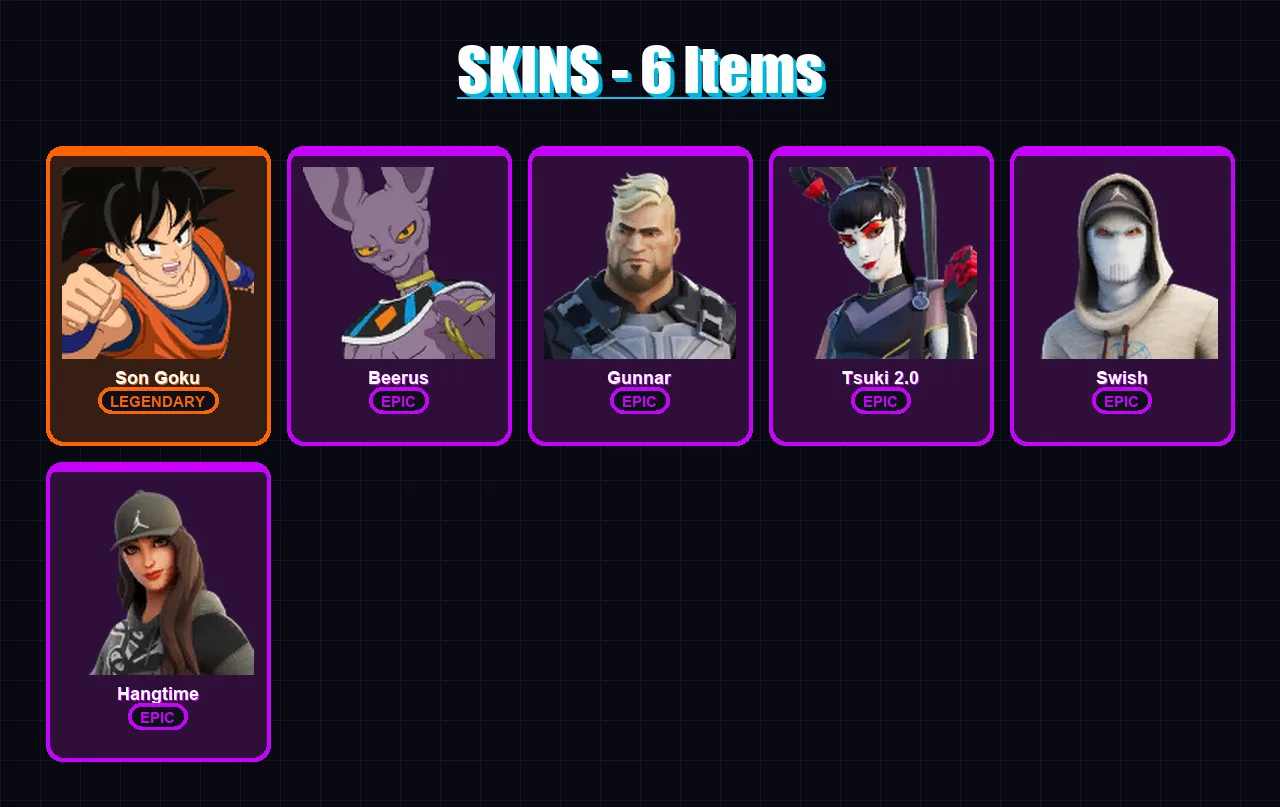 [SWITCH/PC] | Son Goku | Beerus | Gunnar | Tsuki 2.0 | Swish | 6 skin | 11 pickaxe | 5 emote | 8 glider | Lv53
