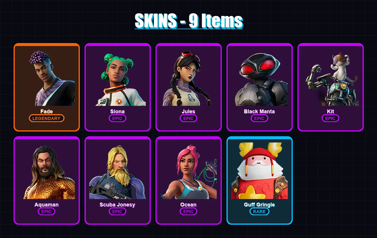 [PC/PSN] | Fade | Siona | Jules | Black Manta | Kit | 9 skin | 14 pickaxe | 17 emote | 17 glider | Lv249
