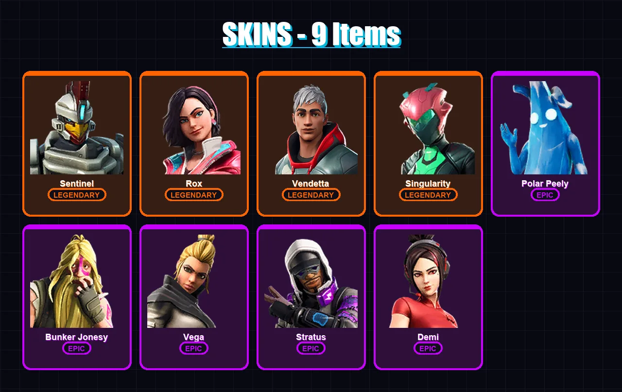 [PC/XBOX/PSN] | Sentinel | Rox | Vendetta | Singularity | Polar Peely | 9 skin | 20 pickaxe | 24 emote | 19 glider | Lv293