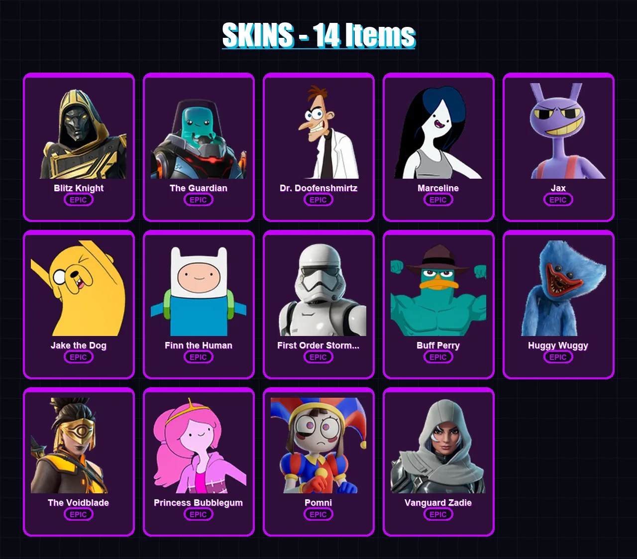 [PC/XBOX/PSN] | Blitz Knight | The Guardian | Dr. Doofenshmirtz | Marceline | Jax | 14 skin | 33 pickaxe | 11 emote | 18 glider | Lv181