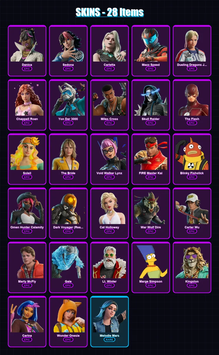 [PC] | Danica | Sedona | Carletta | Maxx Speed | Dueling Dragons Jackie | 28 skin | 41 pickaxe | 26 emote | 21 glider | Lv143