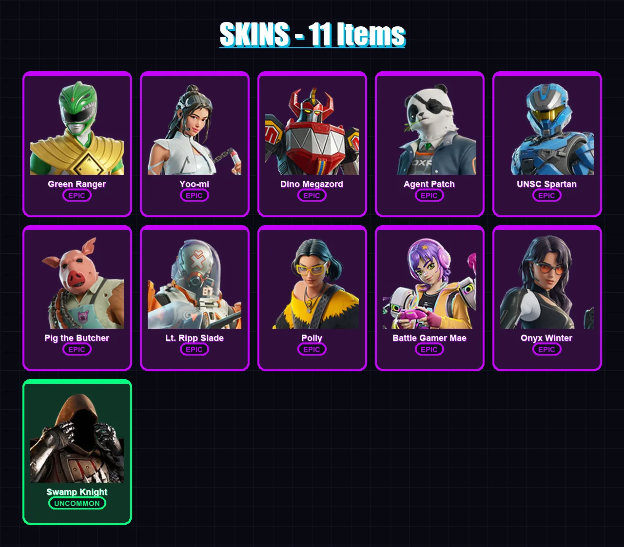 [PC/XBOX] | Green Ranger | Yoo-mi | Dino Megazord | Agent Patch | UNSC Spartan | 11 skin | 36 pickaxe | 18 emote | 22 glider | Lv214