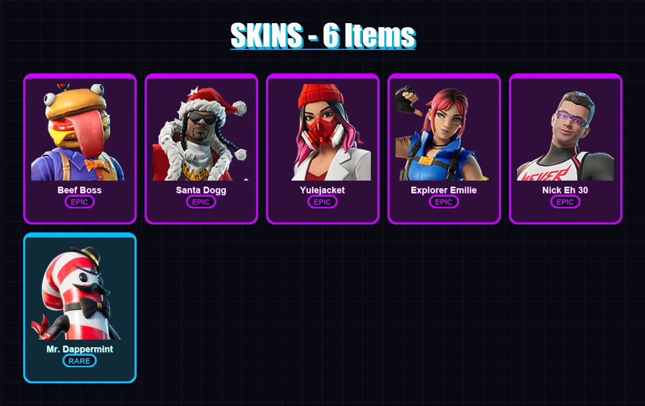 [PC/XBOX/PSN] | Beef Boss | Santa Dogg | Yulejacket | Explorer Emilie | Nick Eh 30 | 6 skin | 15 pickaxe | 10 emote | 16 glider | Lv204
