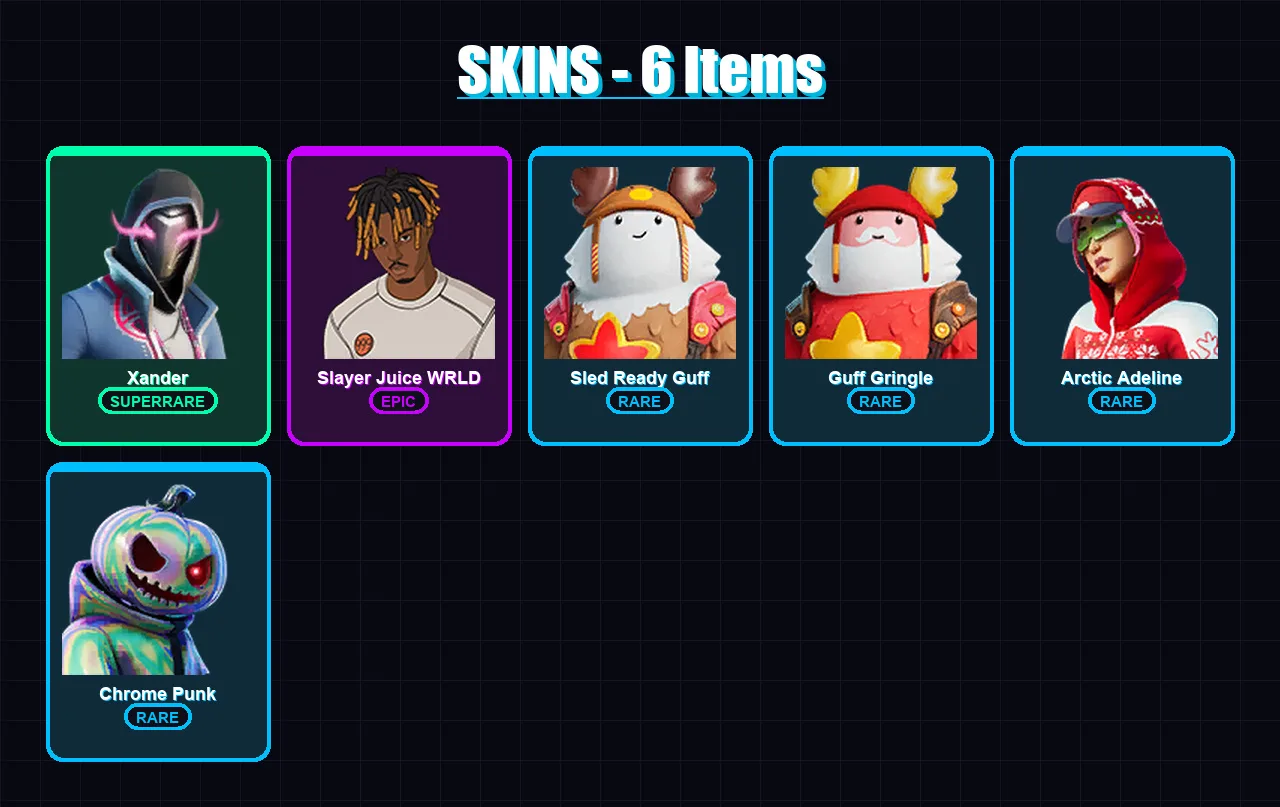 [PS4/PS5/XBOX/PC] | Xander | Slayer Juice WRLD | Sled Ready Guff | Guff Gringle | Arctic Adeline | 6 skin | 10 pickaxe | 7 emote | 8 glider | Lv142