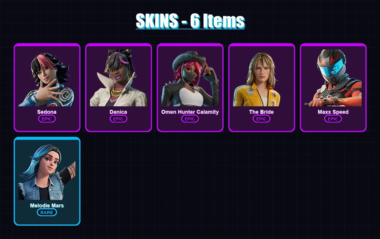 [PC/XBOX/PSN] | Sedona | Danica | Omen Hunter Calamity | The Bride | Maxx Speed | 6 skin | 6 pickaxe | 3 emote | 4 glider | Lv17