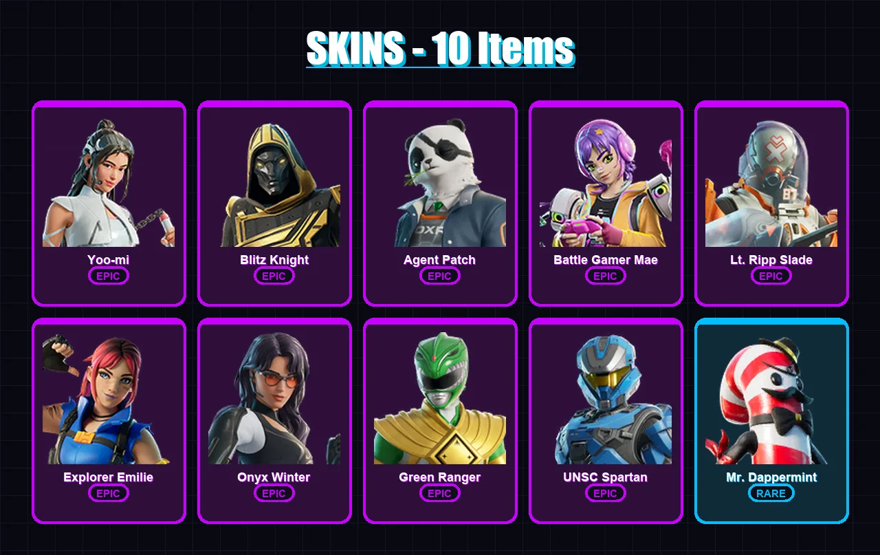 [SWITCH/XBOX/PSN/PC] | Yoo-mi | Blitz Knight | Agent Patch | Battle Gamer Mae | Lt. Ripp Slade | 10 skin | 19 pickaxe | 14 emote | 19 glider | Lv181