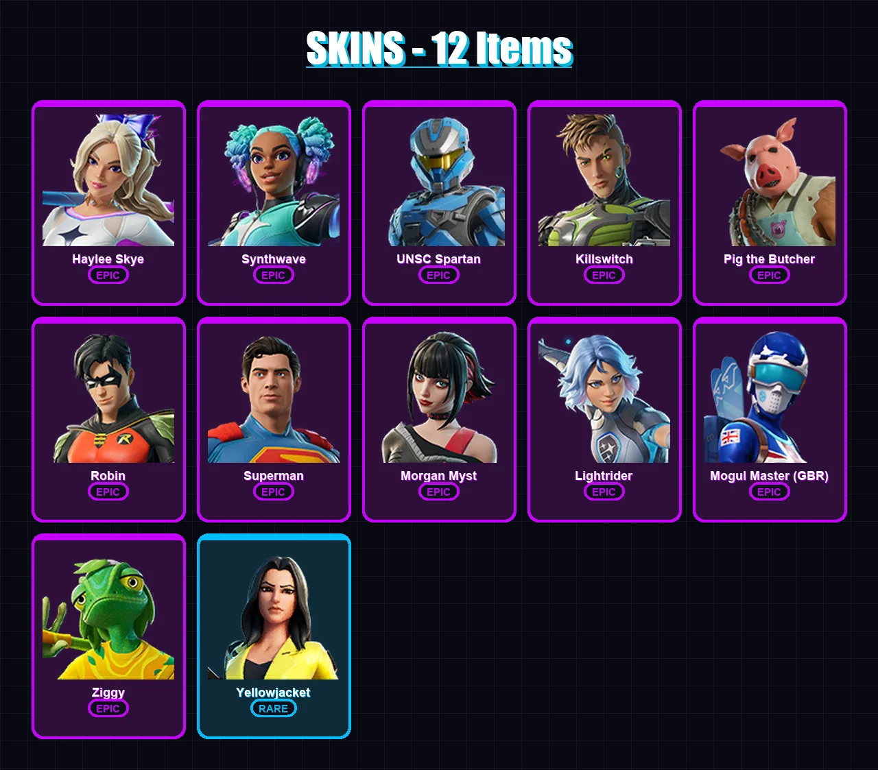 [PC/XBOX] | Haylee Skye | Synthwave | UNSC Spartan | Killswitch | Pig the Butcher | 12 skin | 32 pickaxe | 17 emote | 25 glider | Lv375